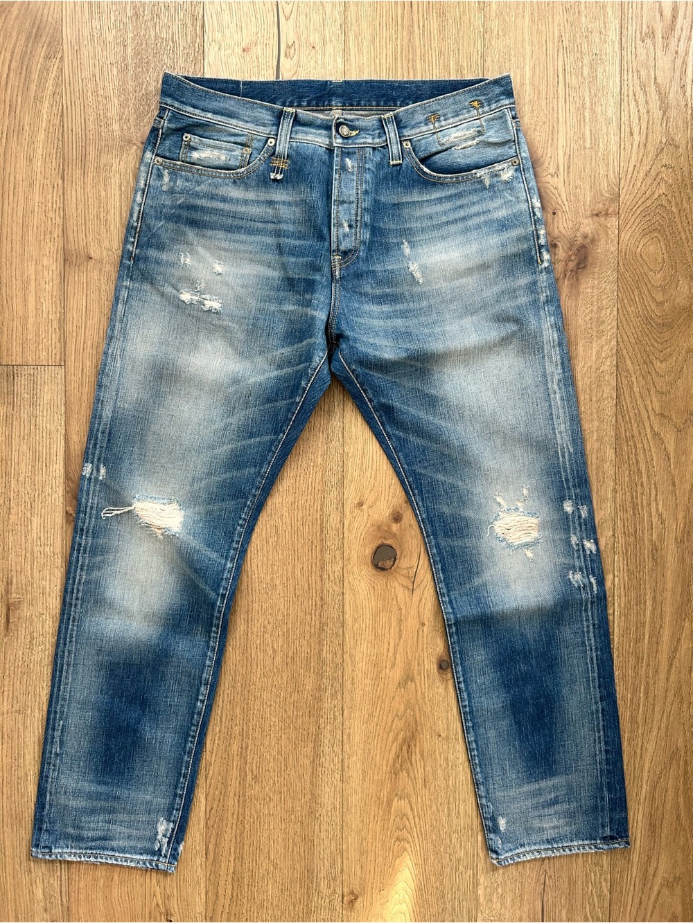 R13 Slim Straight Distressed Blue Jeans